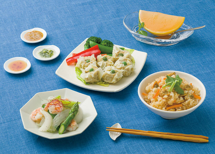 アサリのちまき風ご飯、エビ入り焼売（3種の特製たれ添え）、エビと旬野菜の炒め物、グレープフルーツゼリー